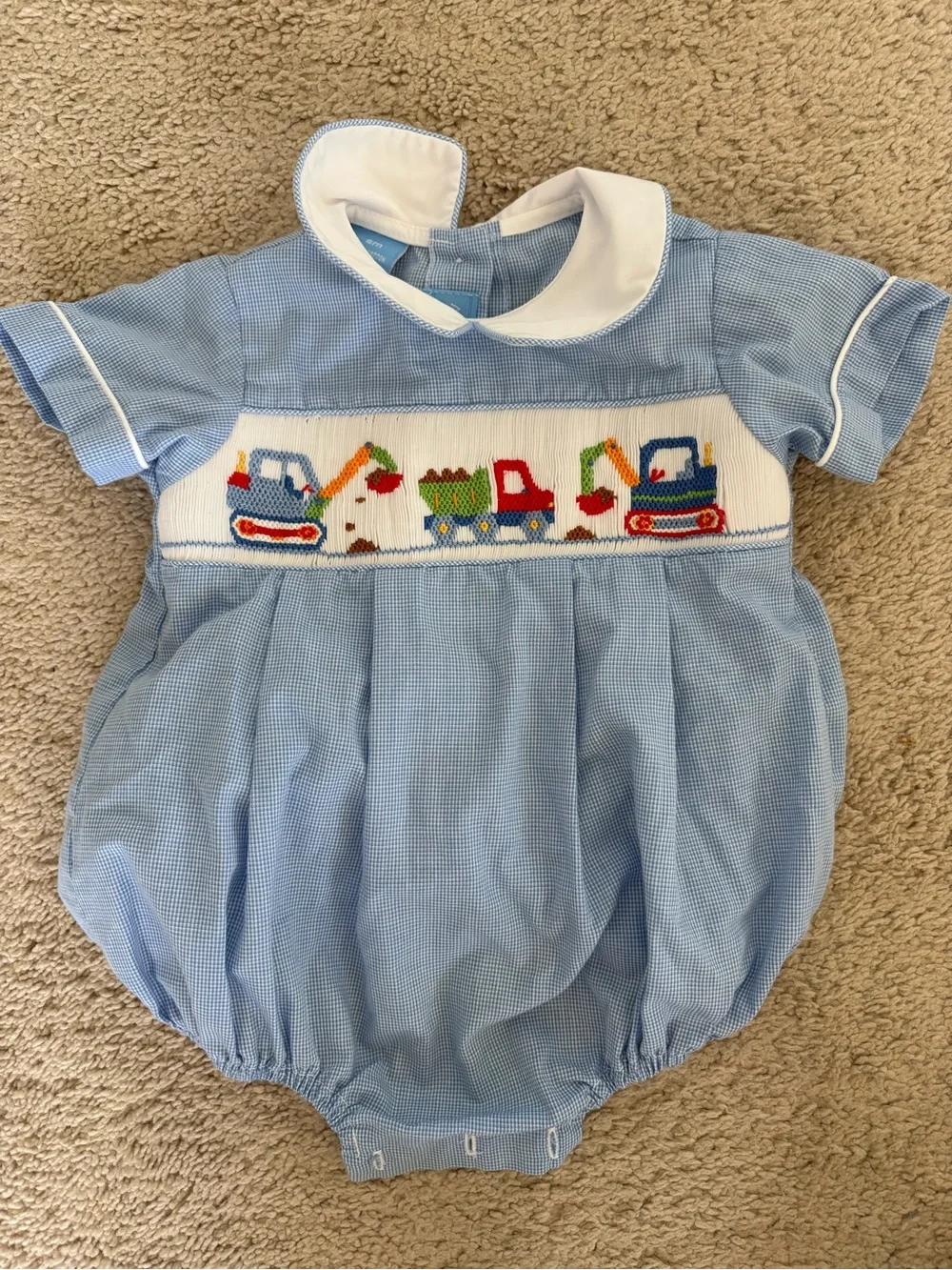Classic Blue Smocked Construction Trucks Baby One-Piece